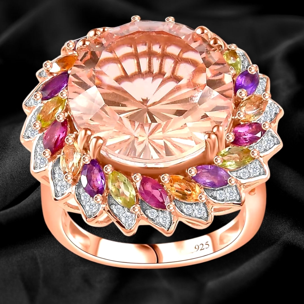 NWT 13.5 CTW STARBURST MORGANIQUE QUARTZ & MULTI-GEMSTONE ROSE GOLD RING SZ 7
